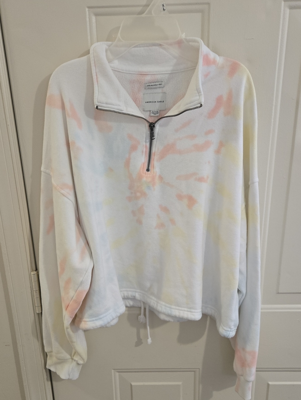 American Eagle Fleece Quarter Zip Cinched Sweatshirt Pastel Tie Dye XL Cropped